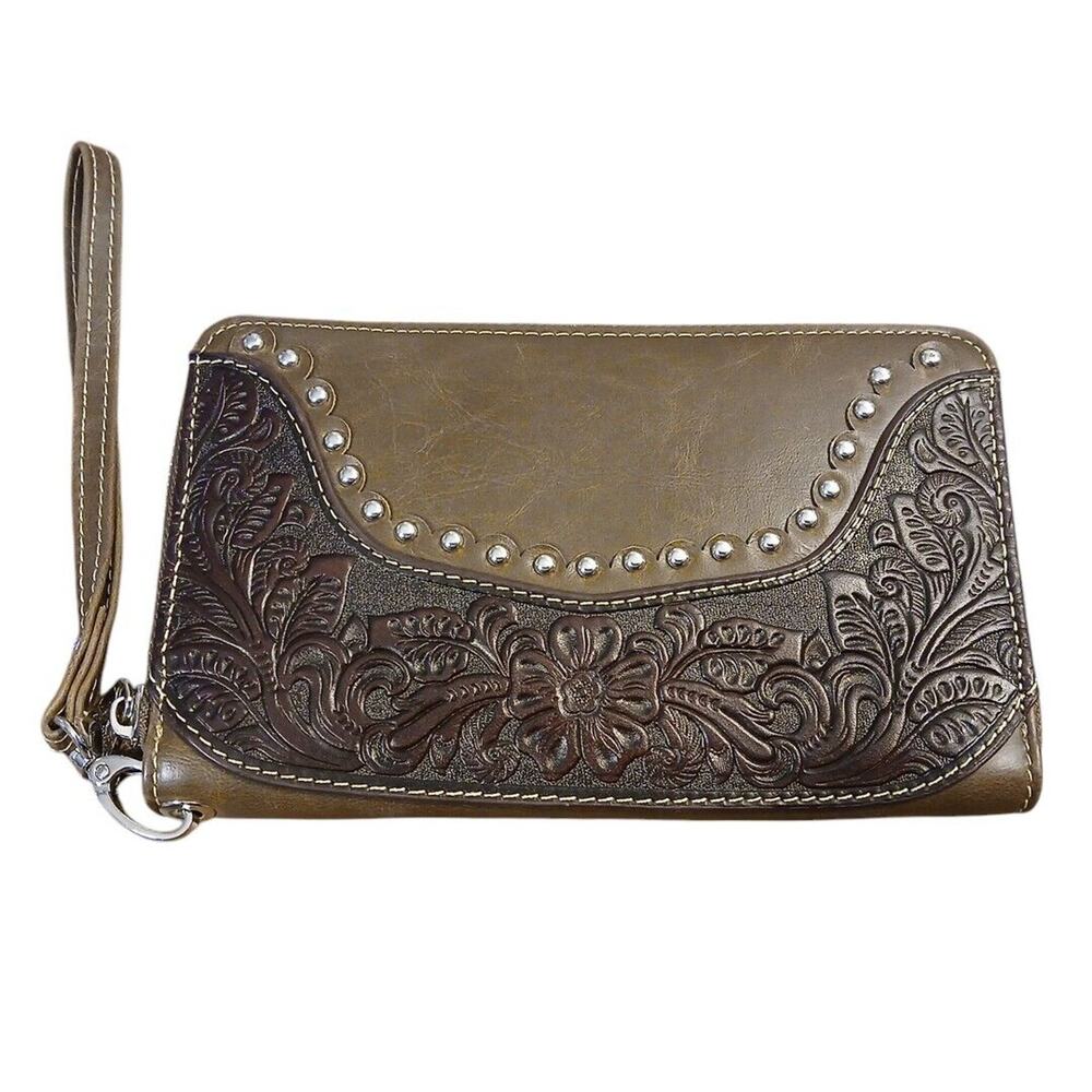 Montana West Zip-Around Wallet Wristlet Brown Faux Leather Studded 7.5"x5"‎ EUC